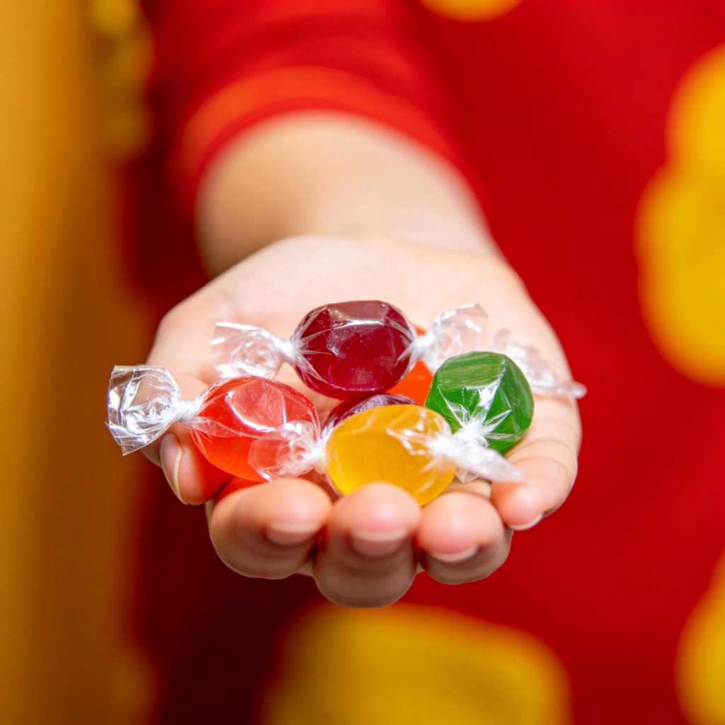A person's hand holding a few wrapped hard candies in colorful cellophane, offering them to the viewer. The candies are bright red and yellow. The background is soft and out of focus. No text.