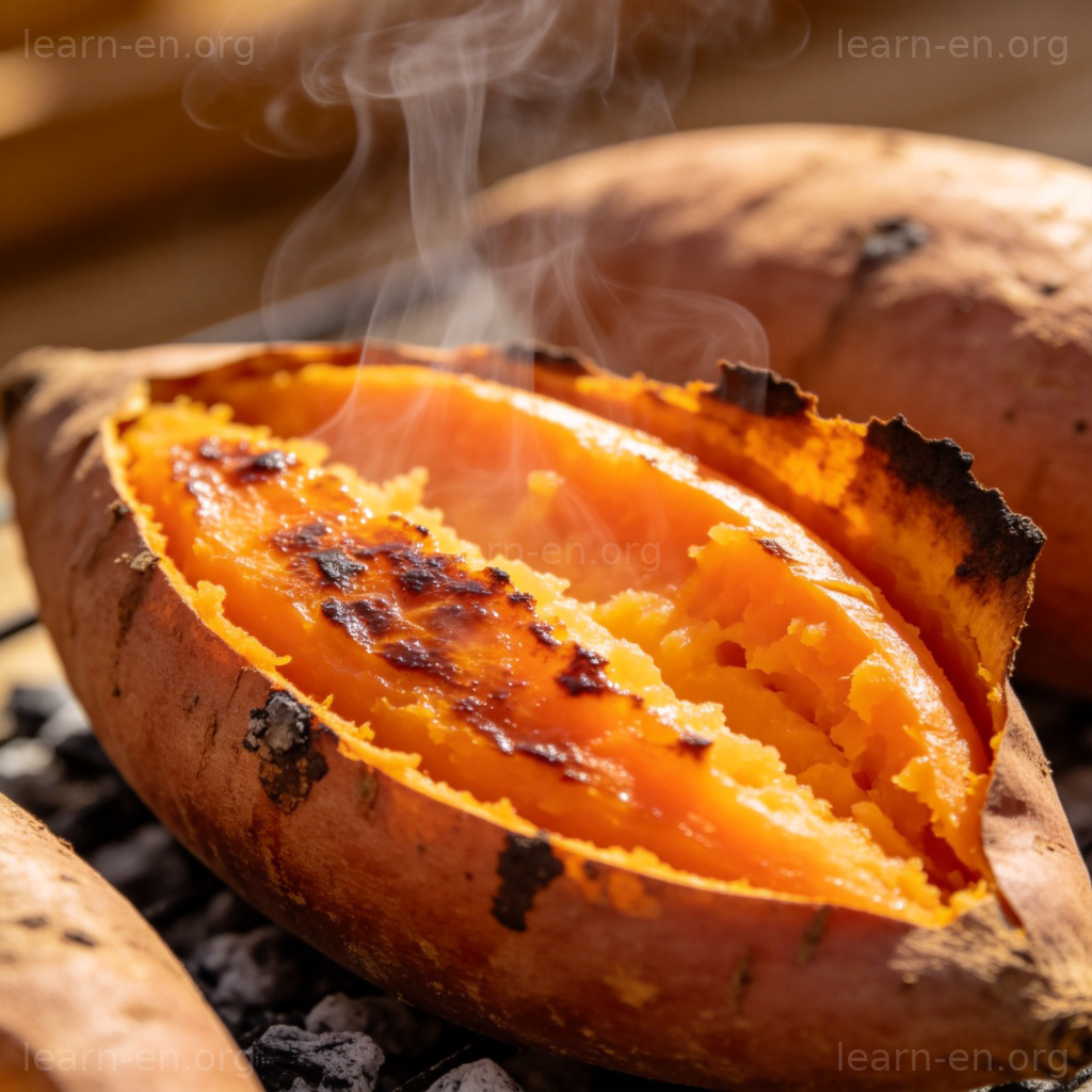 Sweet Potato 红薯图解：烤红薯切开露出橙色果肉的近景