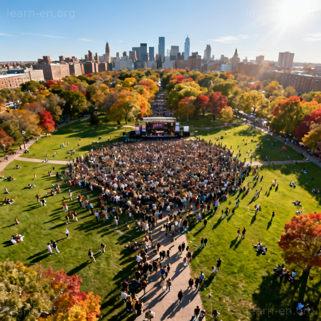 Swell definition shown by a growing crowd in a city park, depicting gradual increase.