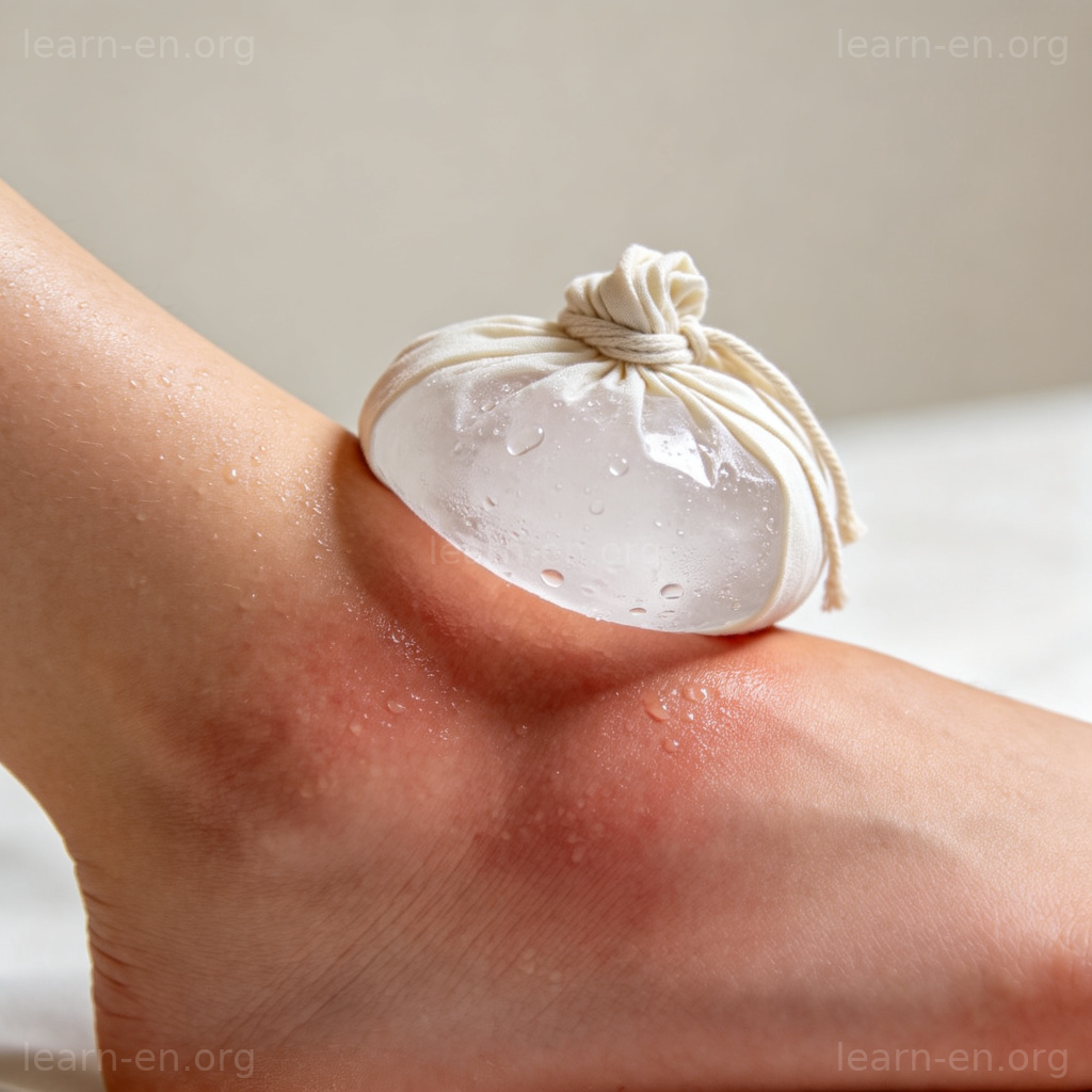 Swelling 肿胀含义图解：脚踝红肿并敷冰袋的场景