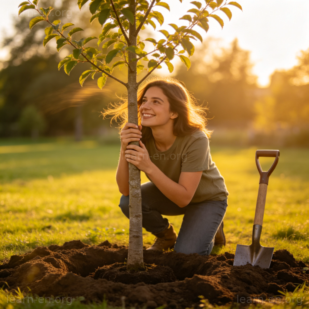 Swelling 增强含义图解：人物看着新栽树木的成就感场景