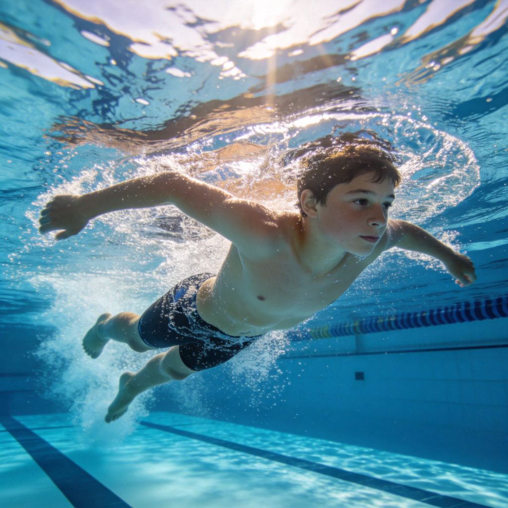 A young person swimming freestyle in a bright blue swimming pool, showing clear arm strokes and leg kicks. Side view, dynamic water splashes, sunlight filtering through the water. Focus on the swimmer's active motion. No text.