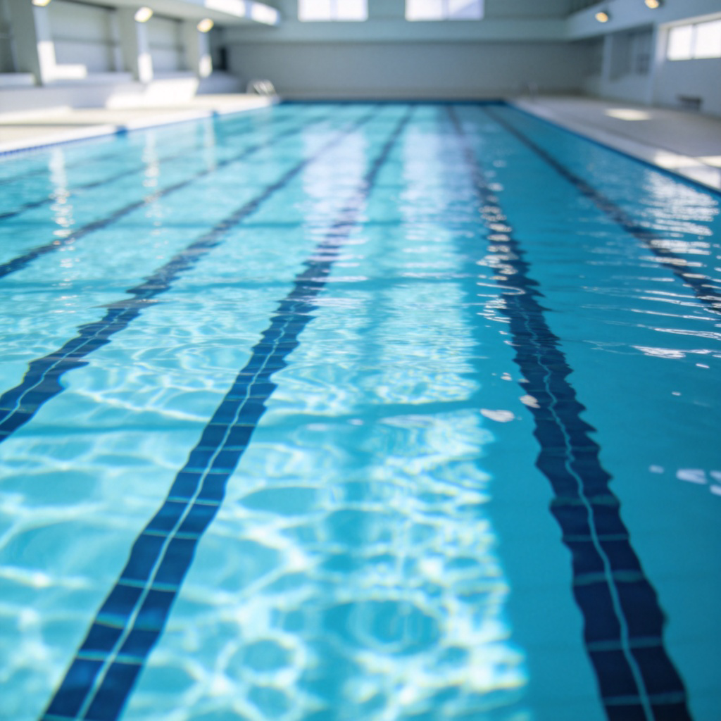 A clear view of a modern indoor swimming pool, empty and ready for use. The focus is on the calm, blue water and the distinct lane lines at the bottom. Clean, bright lighting from above. No people in the water. No text.