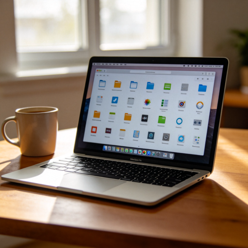 A laptop screen displaying a clean, graphical user interface of an operating system, with icons for files, folders, and applications neatly arranged. The laptop is on a wooden desk, with a coffee mug nearby. Daylight from a window. Focus is on the screen. No text on screen.