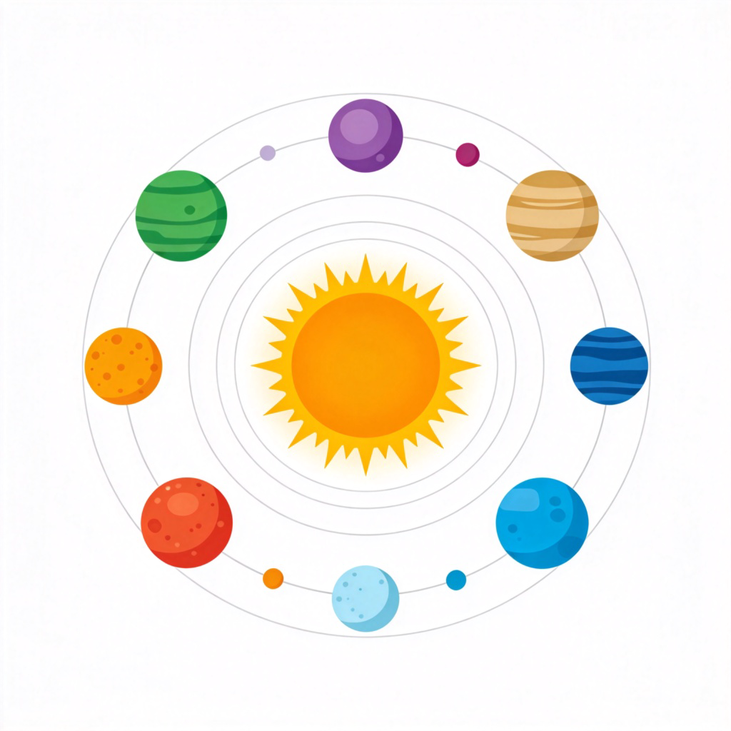 A clear, colorful diagram showing the solar system with the sun in the center and planets in their orbits. Simple white background. The planets are distinctly different colors and sizes. No text.