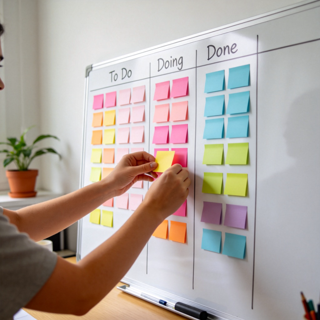 A person's hands organizing colorful sticky notes on a large whiteboard. The notes are arranged in columns with headings like 'To Do', 'Doing', 'Done'. The scene is tidy and methodical. Natural light, simple home office setting. No text on notes.