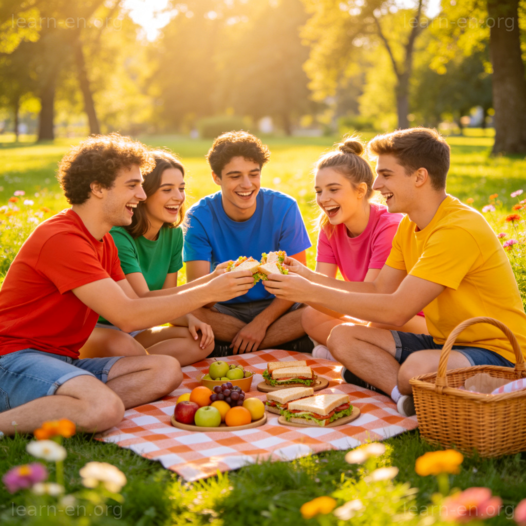 T-Shirt 图解：朋友们在公园野餐，身穿多彩T恤
