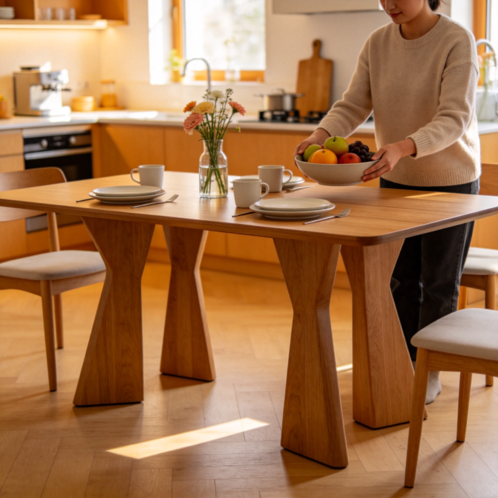 A well-lit, modern dining room with a wooden table at the center. On the table are plates, cups, and a vase with flowers. The table has four distinct legs and a smooth, flat surface. A person is placing a bowl of fruit on it. The background is a warm, inviting kitchen. No text, realistic photography style.