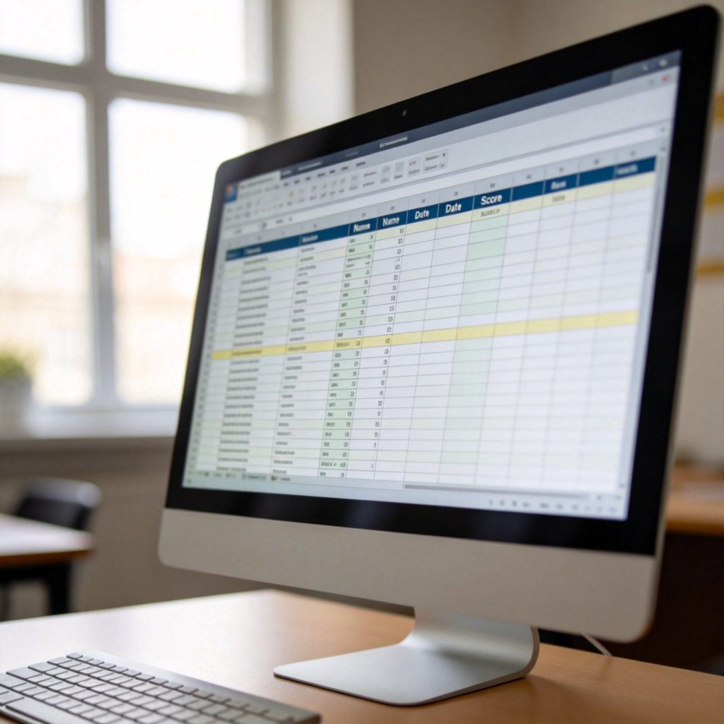 A close-up view of a computer screen showing a clear spreadsheet or data table. The table has several rows and columns with headers like 'Name', 'Date', 'Score'. Some cells are filled with numbers and text. The screen is on a desk in a bright study room. Sharp focus, no text or logos on the image itself.