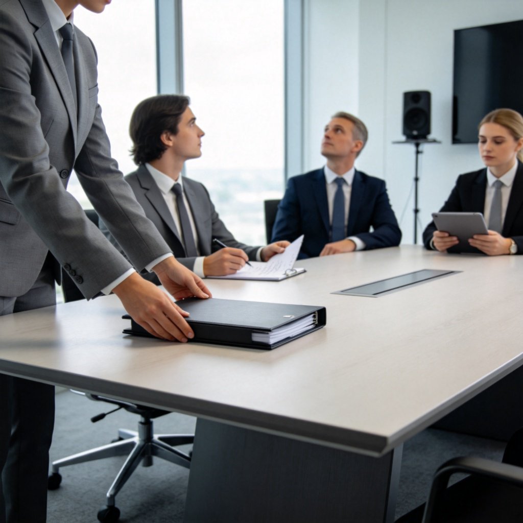A formal meeting room scene. A person in a business suit is gently placing a document folder to the side of a conference table, symbolizing setting it aside. Other people are seated around the table, looking at their own notes or at the speaker. The mood is calm and decisive. Clean, modern office setting. No text, realistic style.