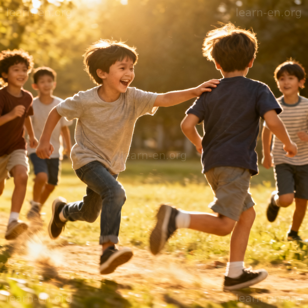 Children playing the chasing game of tag in a sunny park.