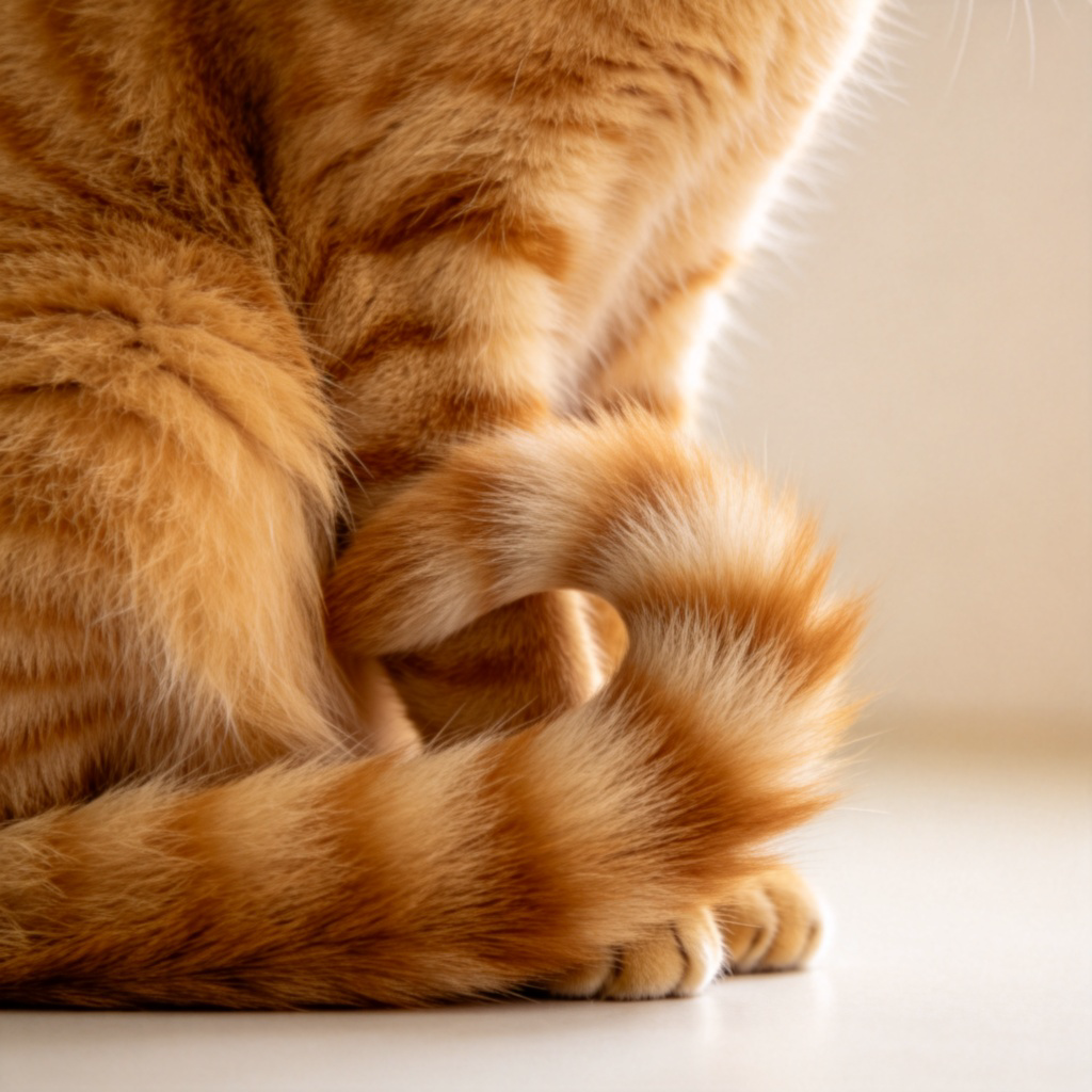 A close-up side view of a friendly-looking ginger cat sitting, with its long, fluffy tail curled neatly around its feet. The tail is the clear focus, showing its fur texture. Soft indoor lighting, clean background. No text.