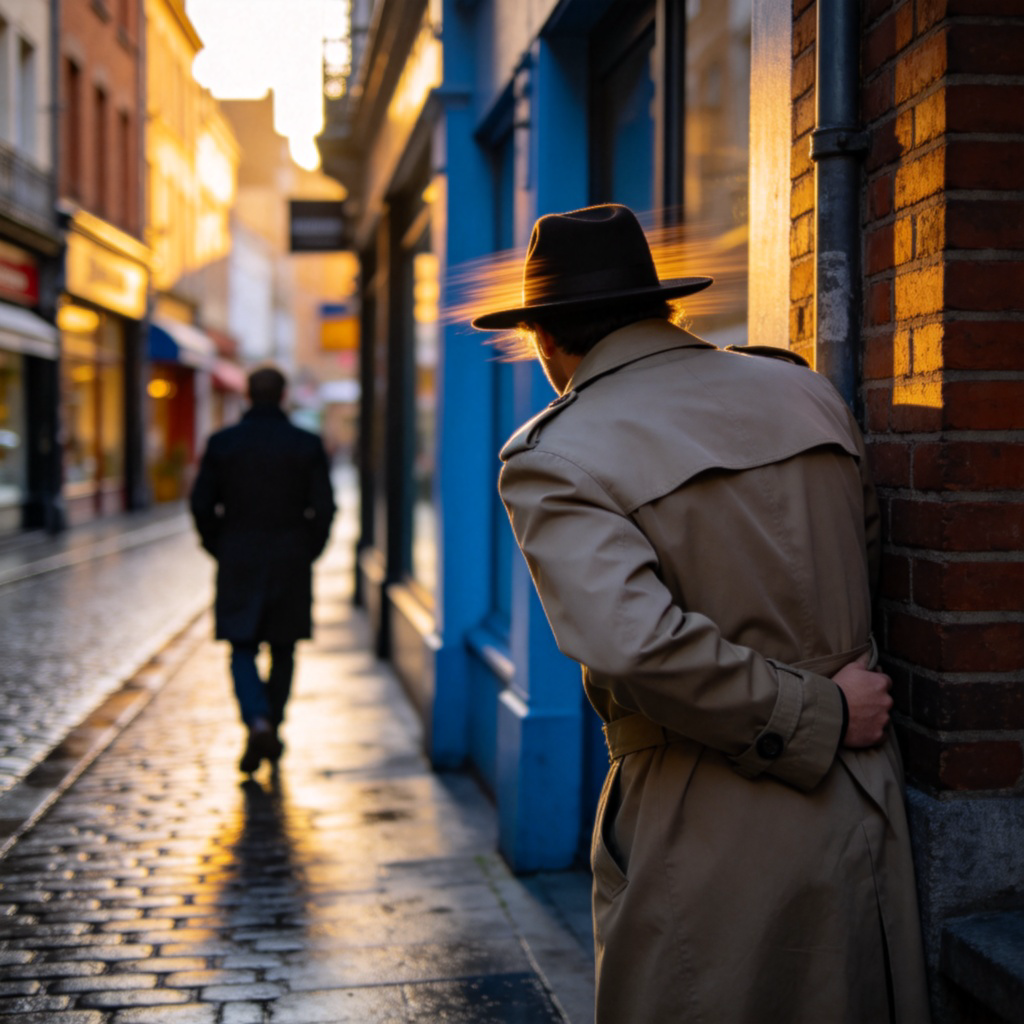 A person in a trench coat and hat, seen from behind, discreetly looking around a street corner while following another person walking ahead in the distance. Urban street setting, late afternoon light, focus on the follower's cautious posture. No text.
