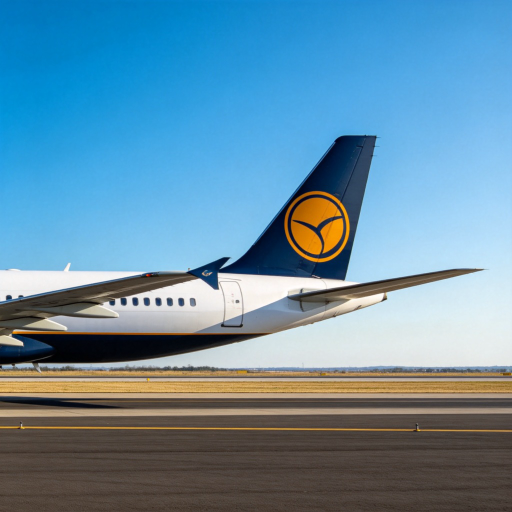 A clean, detailed side view of a commercial airliner on a runway, with the camera focusing sharply on its distinctive vertical tail fin and painted logo. Blue sky background, bright daylight. No text.
