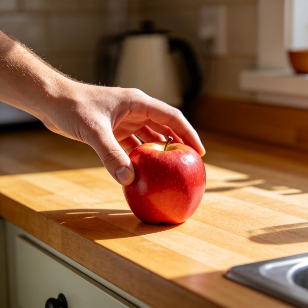 A person’s hand reaching out and taking a bright red apple from a wooden kitchen counter. The focus is on the hand and the apple, with a simple, slightly blurred background. Natural morning light. No text, logos, or other people.