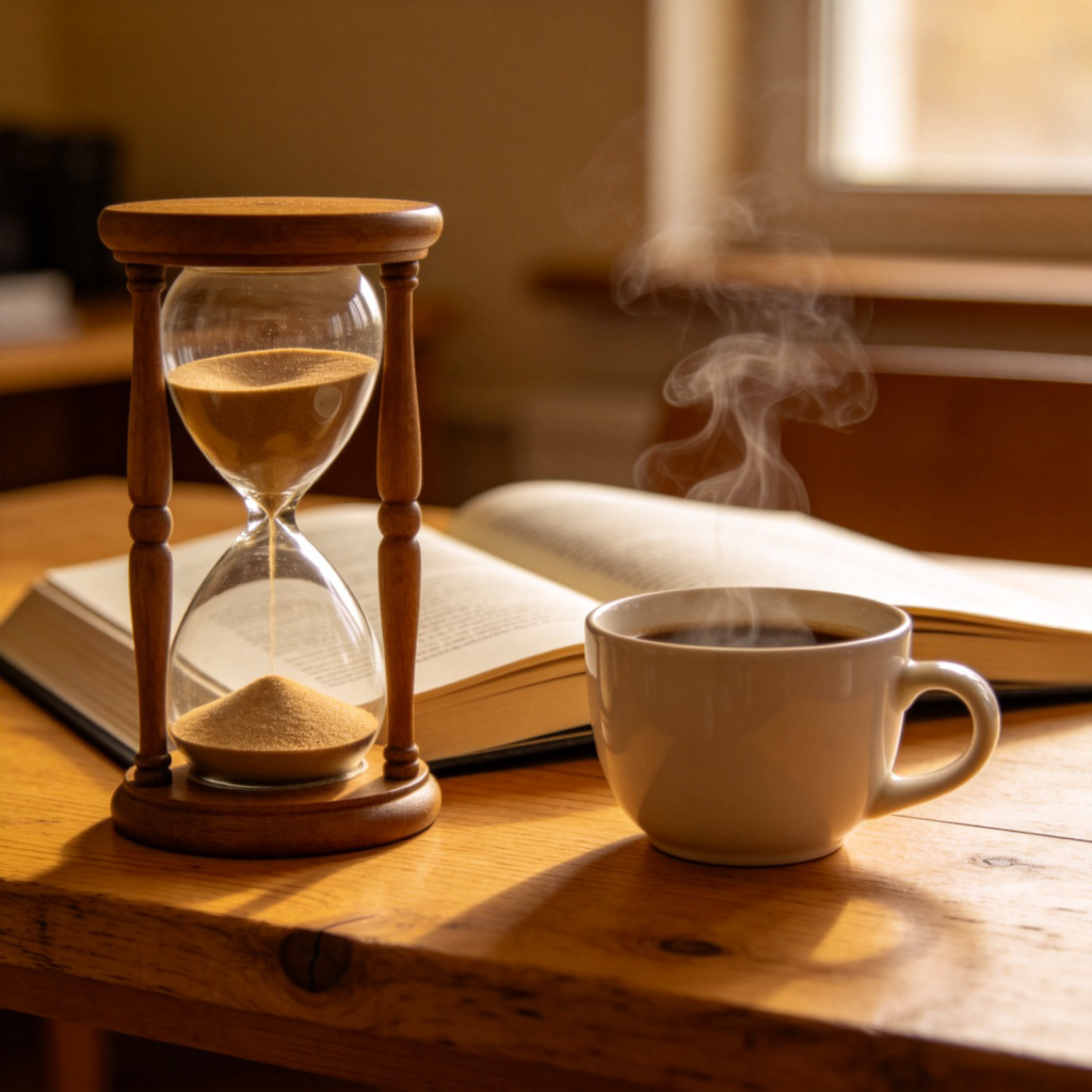 An hourglass on a wooden desk next to an open textbook and a cup of coffee. The sand is flowing from the top to the bottom. Soft, warm lighting, creating a calm study atmosphere. No text or digital clocks.