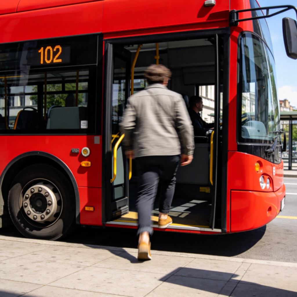 A person from behind, stepping onto a bright red public bus through its open doors, in an urban bus stop. The bus number is visible. Daytime, clear weather, focus on the action of boarding. No text or faces.
