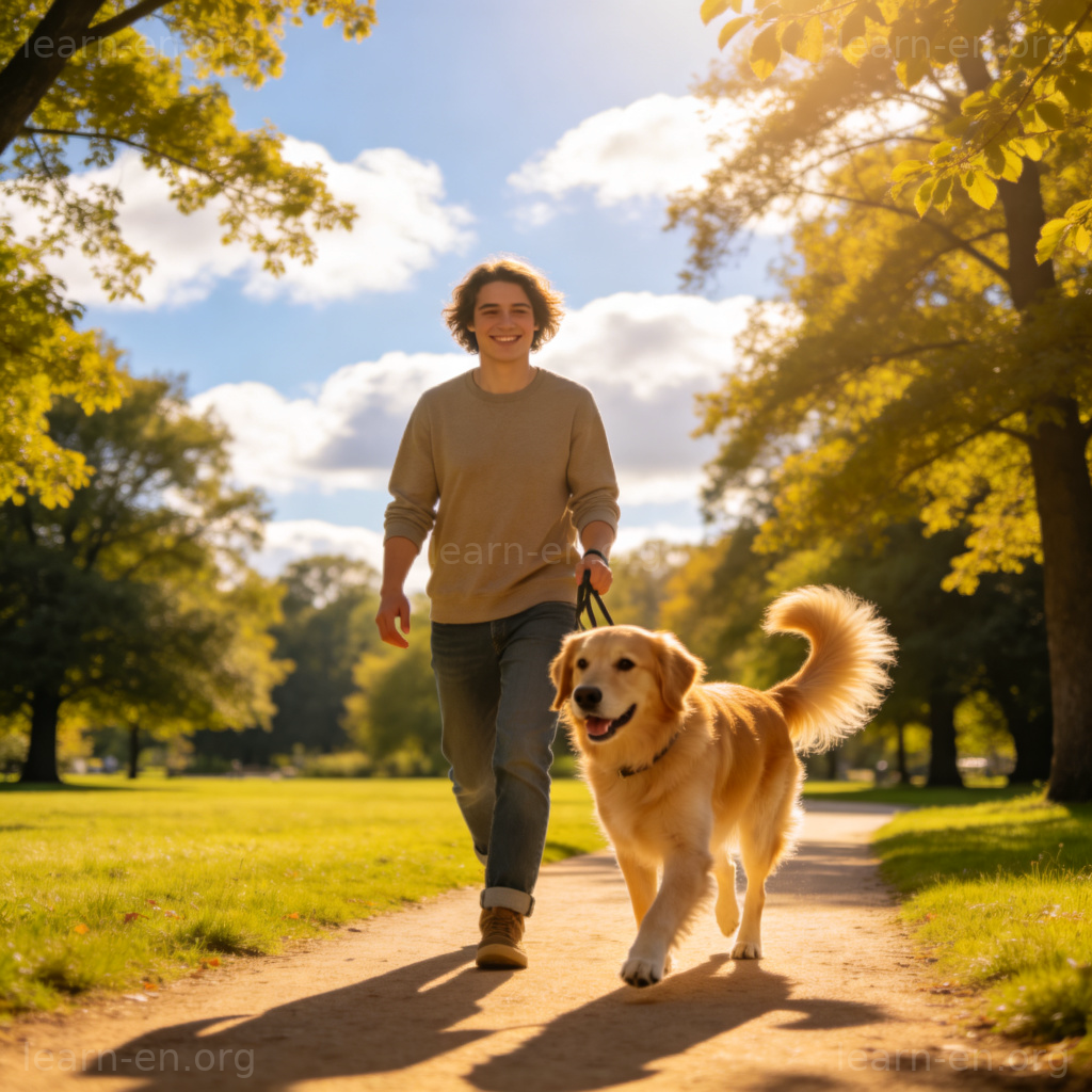 Take the dog for a walk 图解：主人在公园遛狗的场景