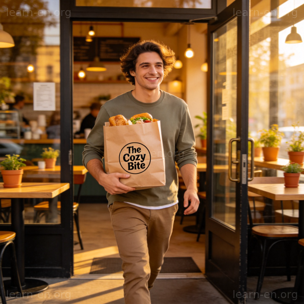 Person holding a takeout bag with restaurant logo walking out of cafe
