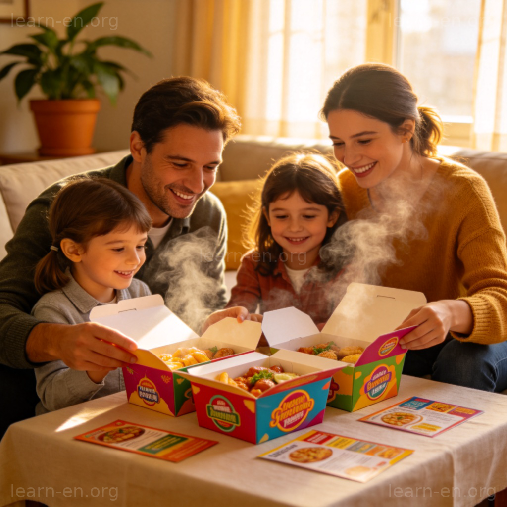 Takeout 图解：温馨客厅中一家人开心拆开外卖餐盒的场景