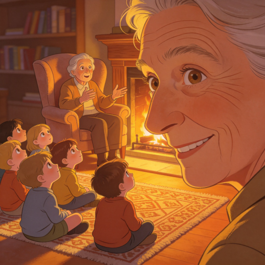 An elderly person with kind eyes, sitting in a cozy armchair by a fireplace, animatedly speaking to a group of fascinated children sitting on a rug. Warm, soft lighting, focus on the storyteller's expressive face and the children's attentive expressions. No text.