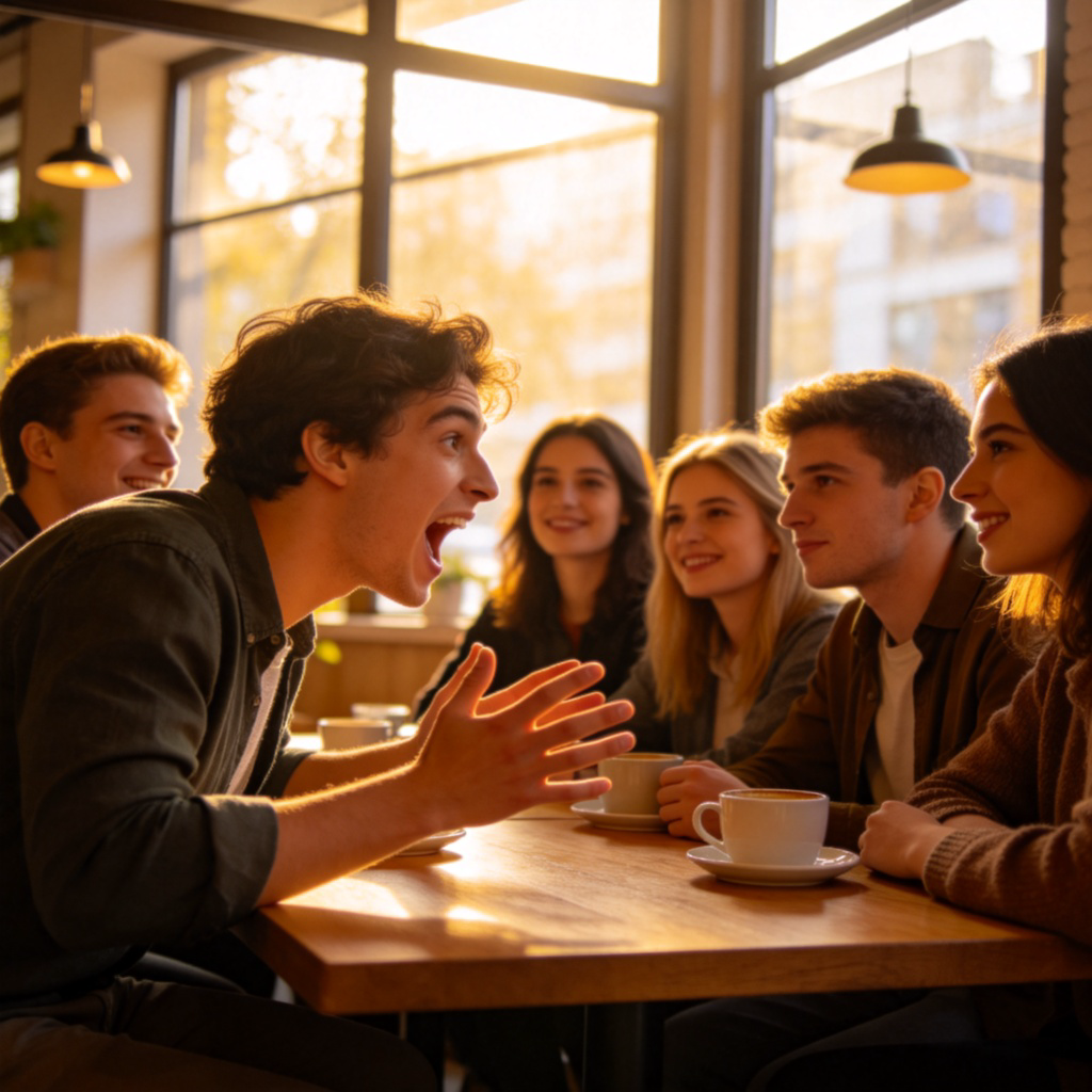 A group of friends huddled together at a cafe table, one person speaking excitedly with wide gestures while others listen with amused, slightly skeptical smiles. Daylight from a window, focus on the dynamic conversation and the listeners' reactions. No text.