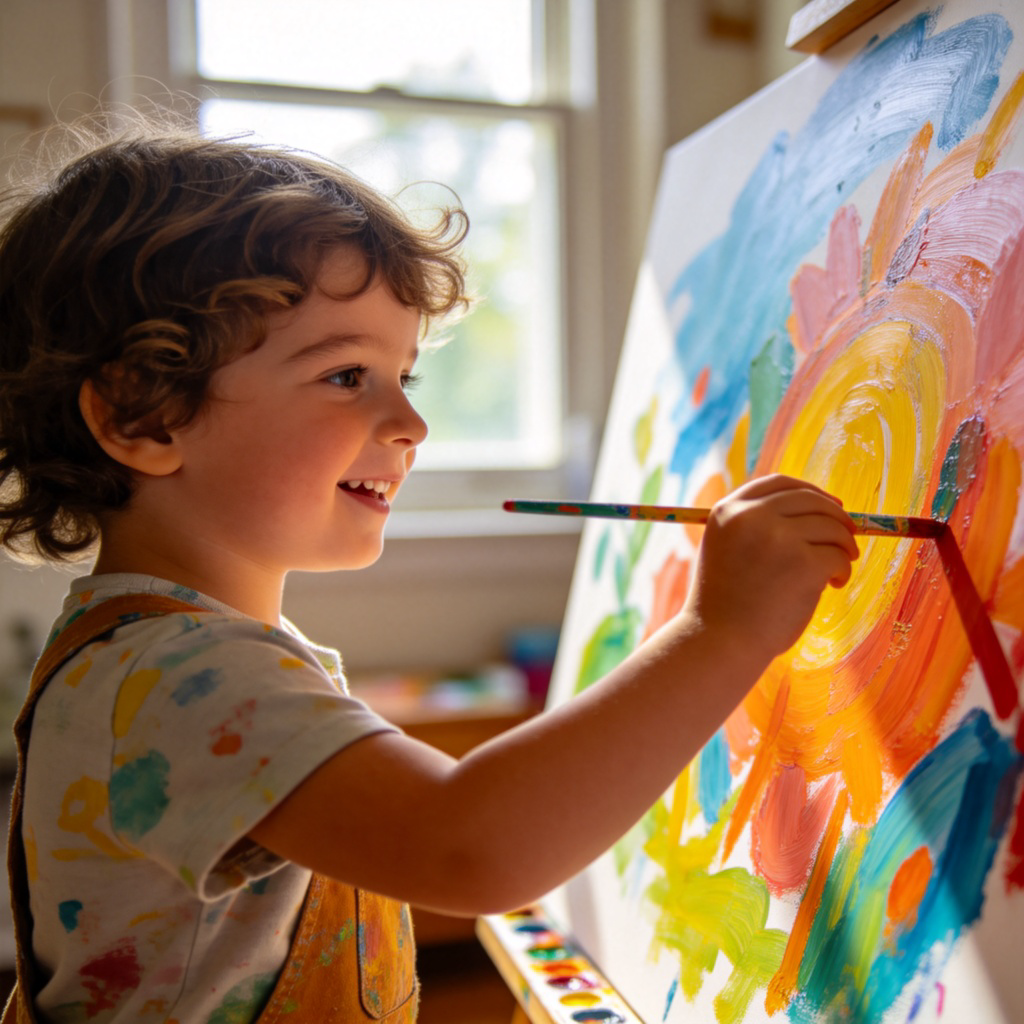 A young child happily painting on a large canvas with bright, vibrant colors. The child looks focused and joyful. Simple home background with natural light from a window. The painting shows creative and skillful brush strokes beyond the child's age. No text.