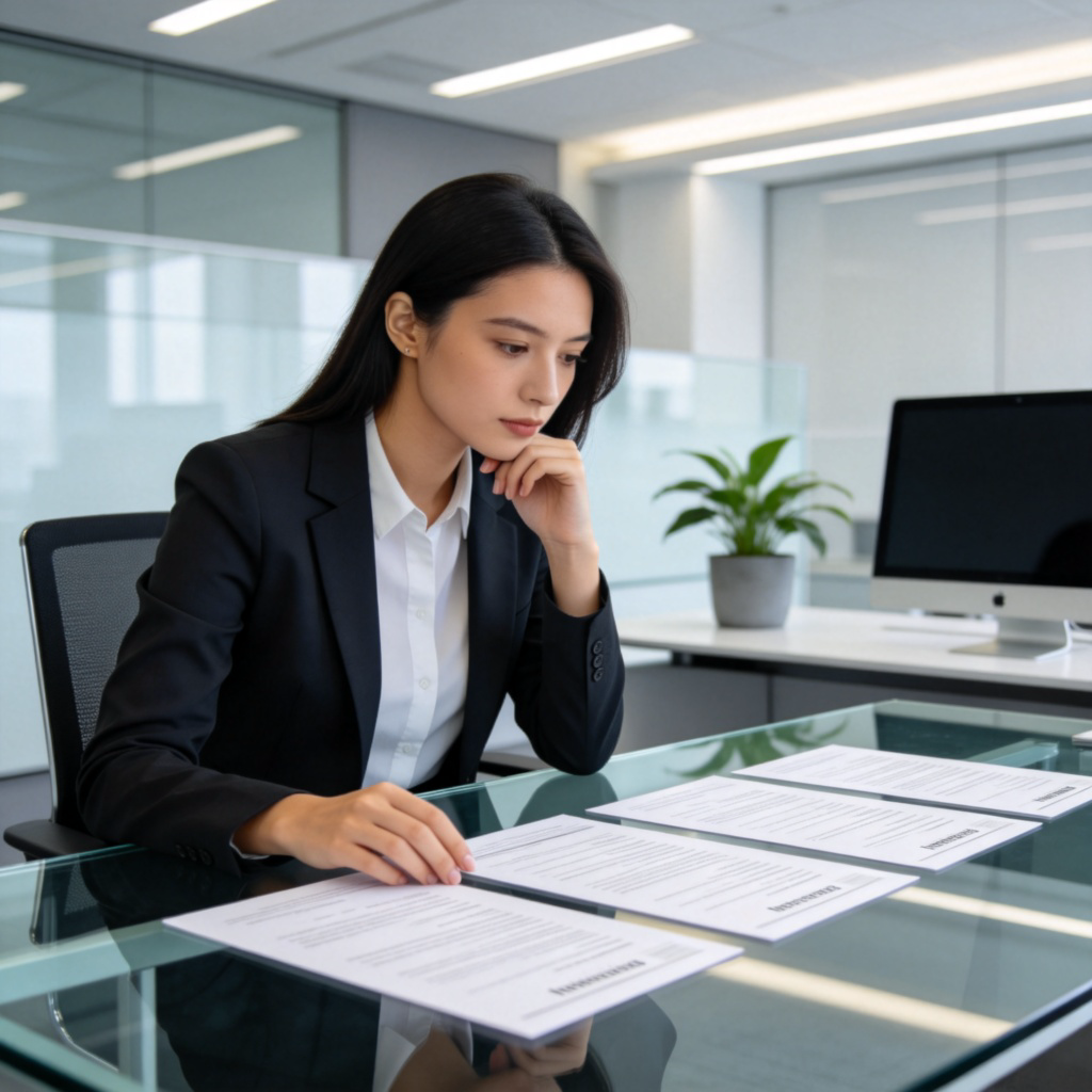A human resources manager looking at several impressive resumes on a modern glass desk. The resumes are neatly arranged. In the background, there's a sleek office with a plant and a computer monitor. The manager looks thoughtful and selective. No text on the resumes or screen.