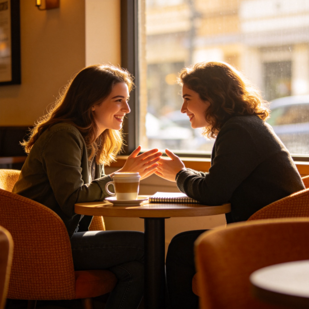 Two friends sitting at a small table in a cozy cafe, leaning slightly towards each other and engaged in a friendly conversation. One is smiling and gesturing with their hands. Soft natural light from a window. Focus on their interaction, with the cafe environment slightly blurred in the background. Realistic photography style.