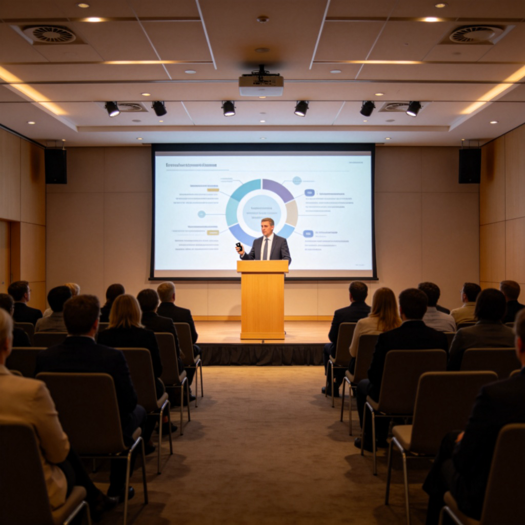 A person standing behind a podium on a stage, addressing an audience seated in rows of chairs. The speaker is using a small clicker to change slides displayed on a large screen behind them. The scene is in a modern conference hall or lecture theater with soft spotlight on the speaker. Clear, realistic illustration or photo.