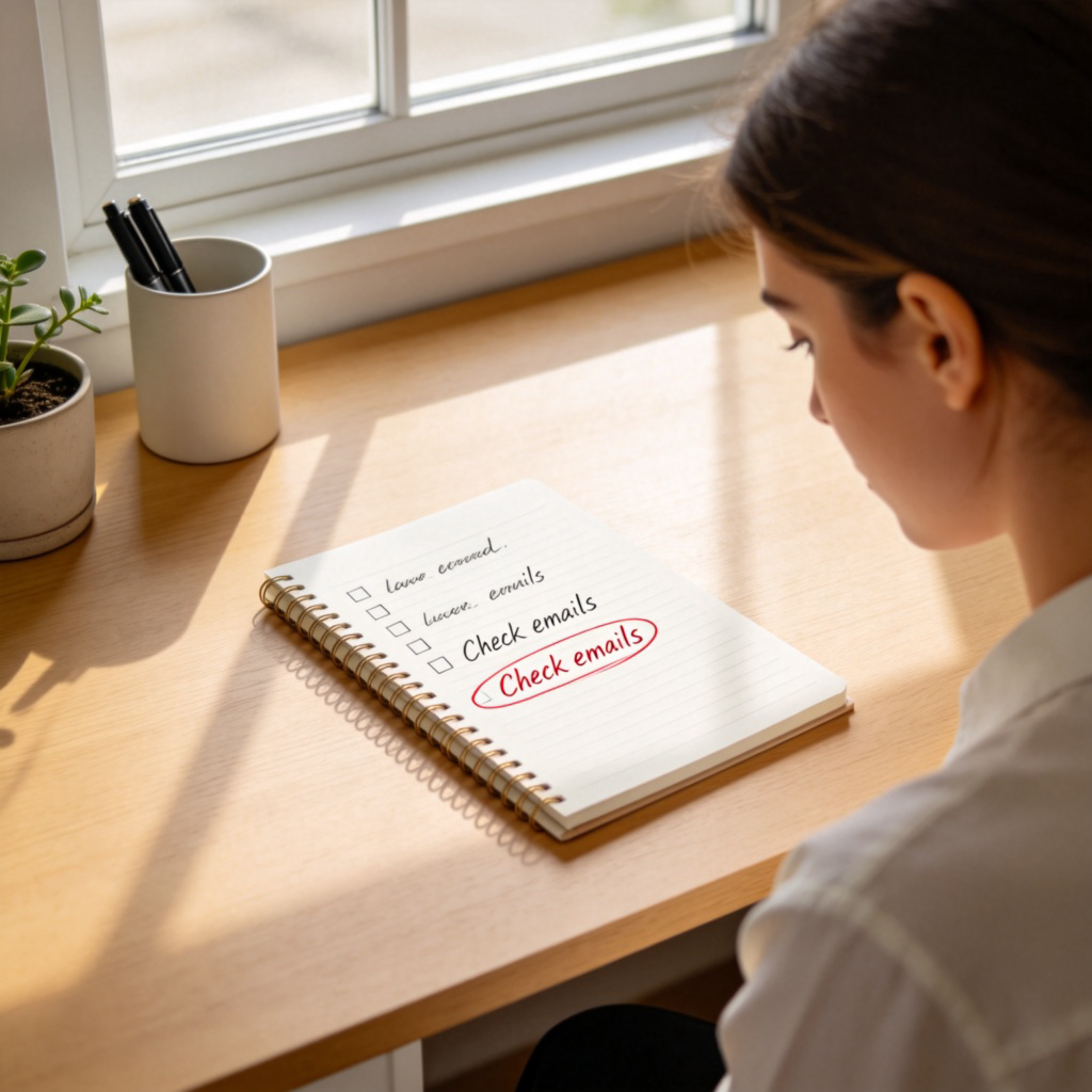 A person sits at a tidy desk, looking at a to-do list on a notepad. The list has several items, and one item, 'Check emails', is circled in red. Natural morning light from a window illuminates the desk.
