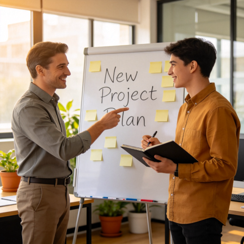 A manager in a friendly office setting is smiling and pointing towards a whiteboard that says "New Project Plan" while looking at a younger colleague. The colleague is nodding, holding a notebook and pen, ready to take on the work.