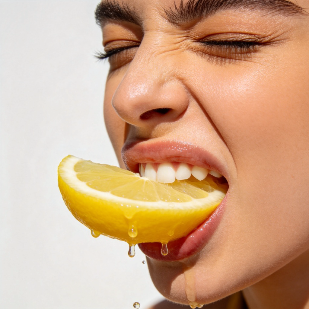 A close-up photo of a person biting into a juicy slice of bright yellow lemon, their eyes slightly squinting as the sour taste hits. Drops of lemon juice are visible. Plain background, natural light. No text.