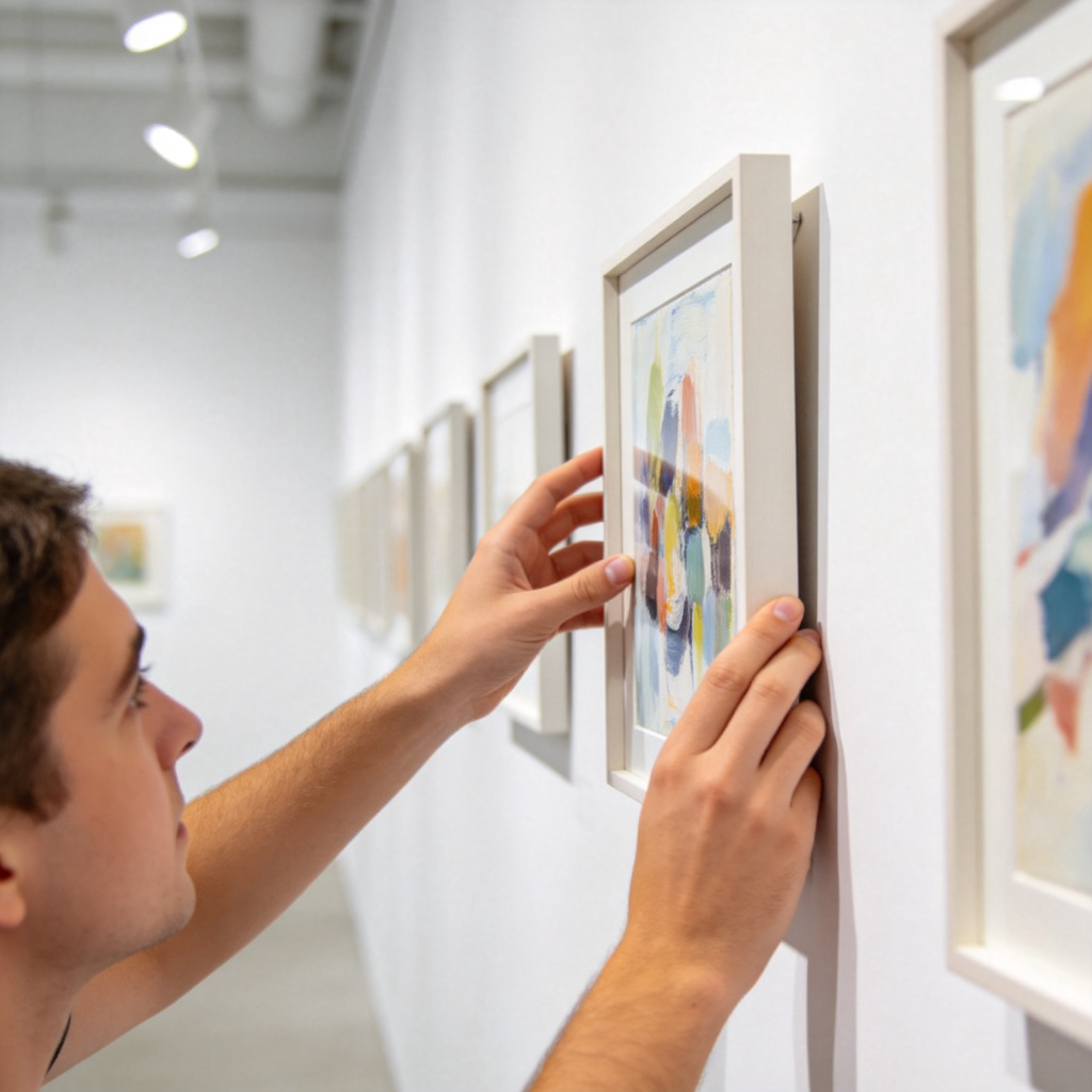 A person's hands carefully selecting a piece of abstract art painting from a gallery wall, examining it thoughtfully. The gallery is bright and clean with white walls. No text.