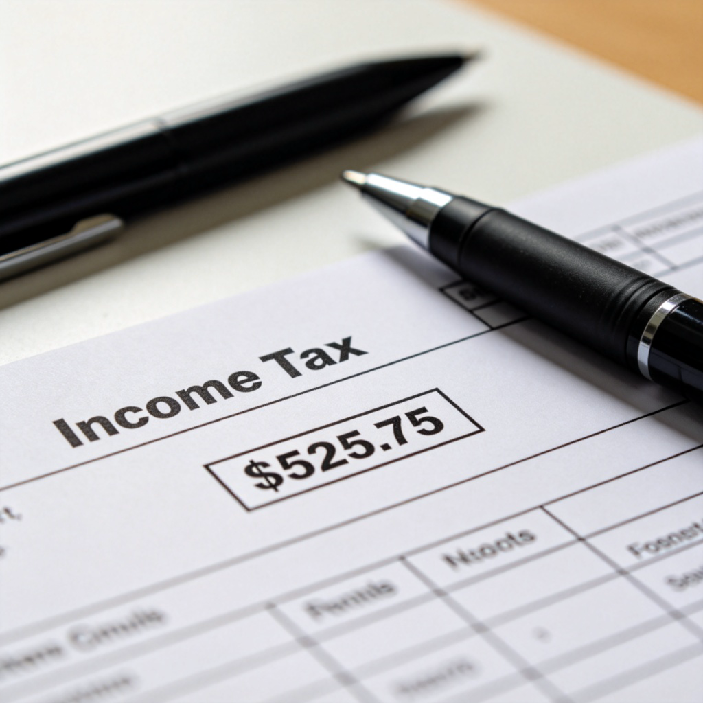 A close-up of a detailed payslip or salary statement on a desk. The words 'Income Tax' and a specific dollar amount deducted are clearly highlighted in a box. A pen lies next to the paper. Natural office lighting, clean background. No text other than what is naturally part of the payslip.