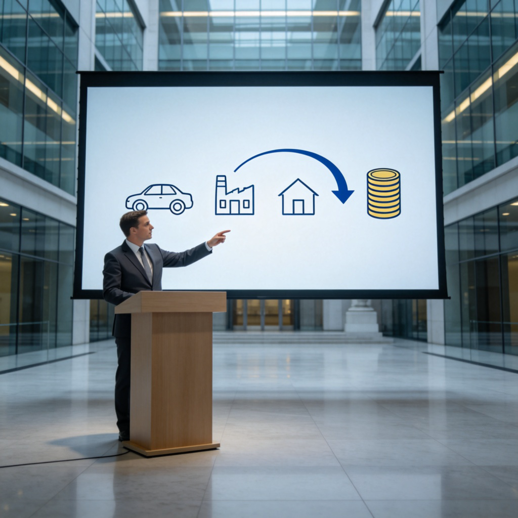 A person in a simple suit (representing government) stands at a podium, pointing to a chart on a screen behind them. The chart has simple icons for a car, a factory, and a house, with an arrow pointing to a coin stack. The message is about funding public services. Modern government building interior. No text on screen.