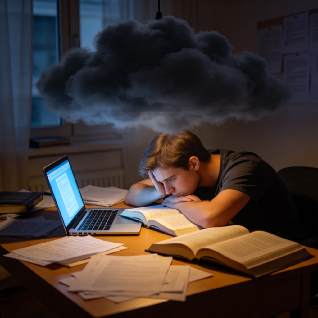 A tired-looking person sitting at a cluttered desk, head in hands, with multiple open books and a laptop screen glowing. A large, metaphorical weight (like a dark cloud or a heavy stone) is visually depicted above their head, pressing down. Soft, weary lighting in a home office setting.