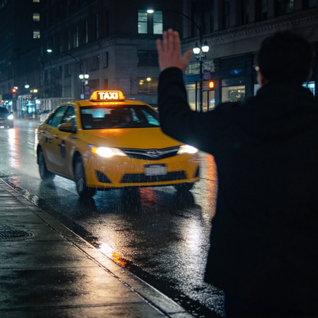 A yellow taxi cab with a clear 'TAXI' sign on top is driving on a wet, urban street at night. Street lights reflect on the pavement. A person on the sidewalk is raising their hand to hail it. Focus on the taxi and the passenger's action. No text or logos.