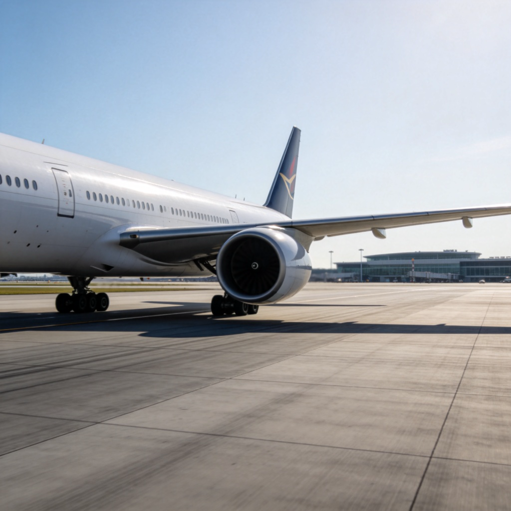 A close-up, side view of a large commercial airplane with airline markings, slowly taxiing on a wide, grey concrete runway. The airport terminal building is visible in the distant background. Daylight, clear sky. The image clearly shows the ‘on the ground, moving’ phase of flight. No text.