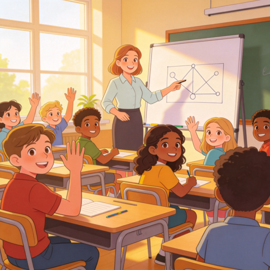 A cheerful teacher in a bright classroom, standing near a whiteboard and pointing at a simple diagram. A group of diverse students sit at desks, some smiling and raising hands. Natural light from windows illuminates the scene, with focus on the teacher's friendly gesture. Realistic illustration style, no text or logos.