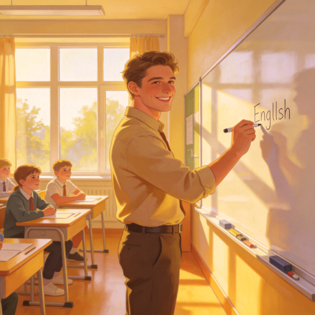 A smiling teacher standing at the front of a bright classroom, writing an English word on a clean whiteboard. A few attentive students are sitting at desks in the background. The teacher is the clear focus. The style is a realistic illustration with warm lighting. No text or logos.