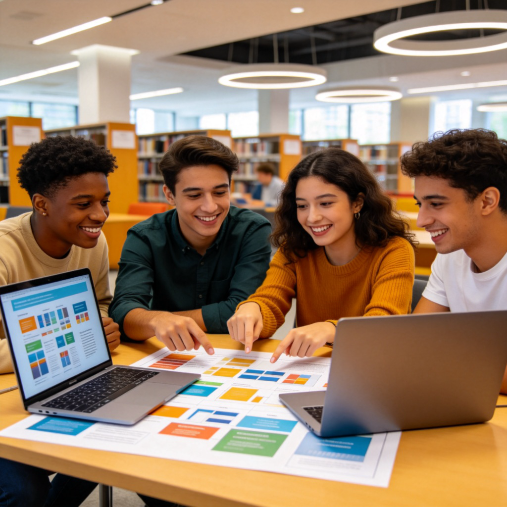 Four or five diverse students sitting around a table in a bright, modern library. They are collaborating on a project, pointing at a laptop screen and a large poster layout. All are smiling and engaged. Clear, natural lighting, focus on their interaction and shared materials. No text.