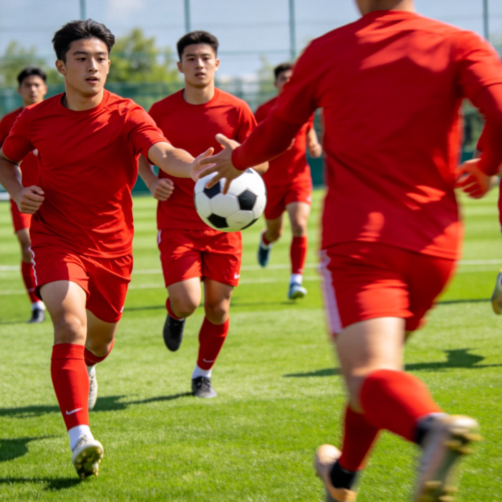 A group of people wearing matching red sports uniforms running on a green football field during practice. One player is passing the ball to another. Dynamic action shot, sunny day, focus on the players and the ball. No text.