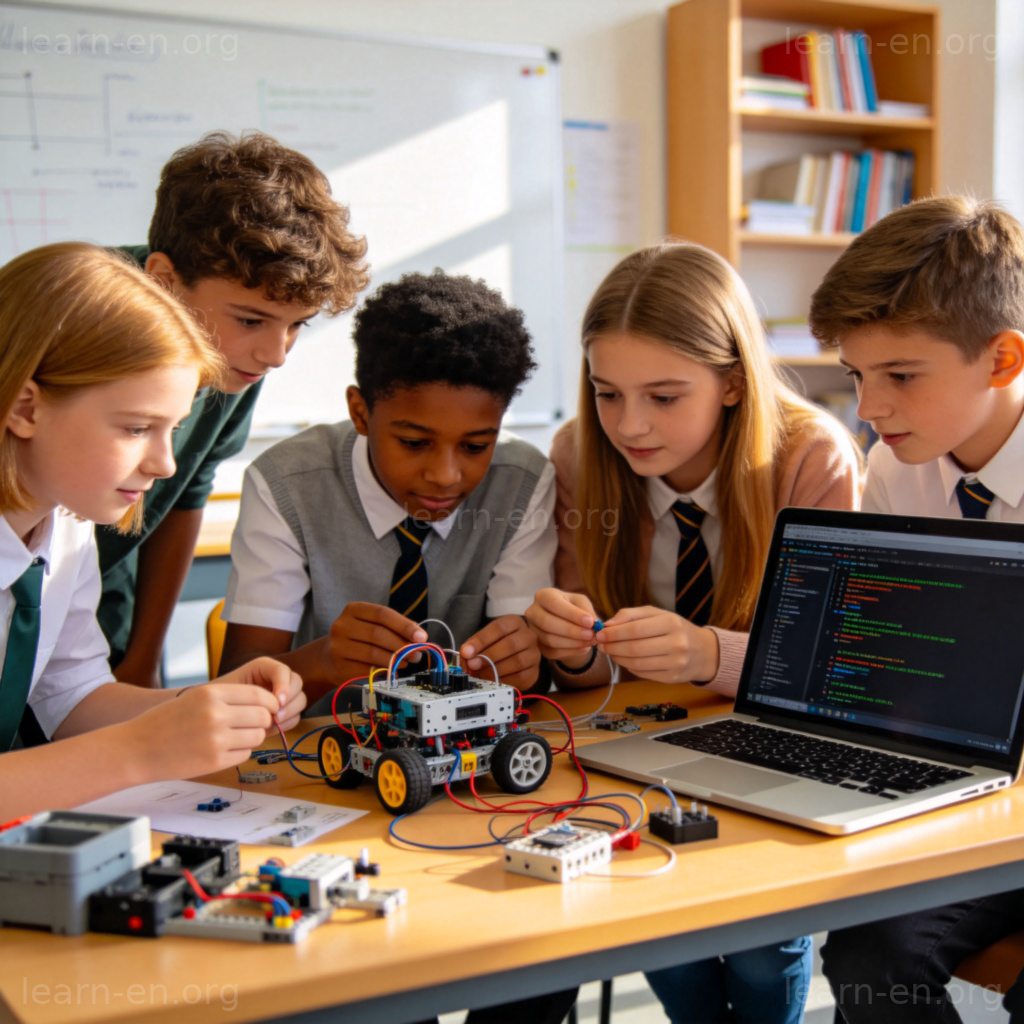 Students learning technology with robot parts and laptop