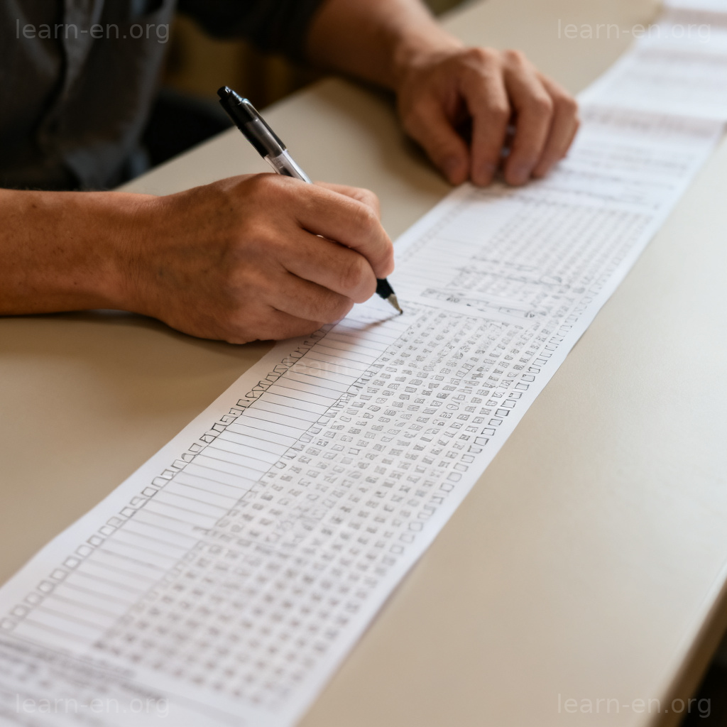 Tedious task scene showing hands slowly filling out a long, complex paper form.