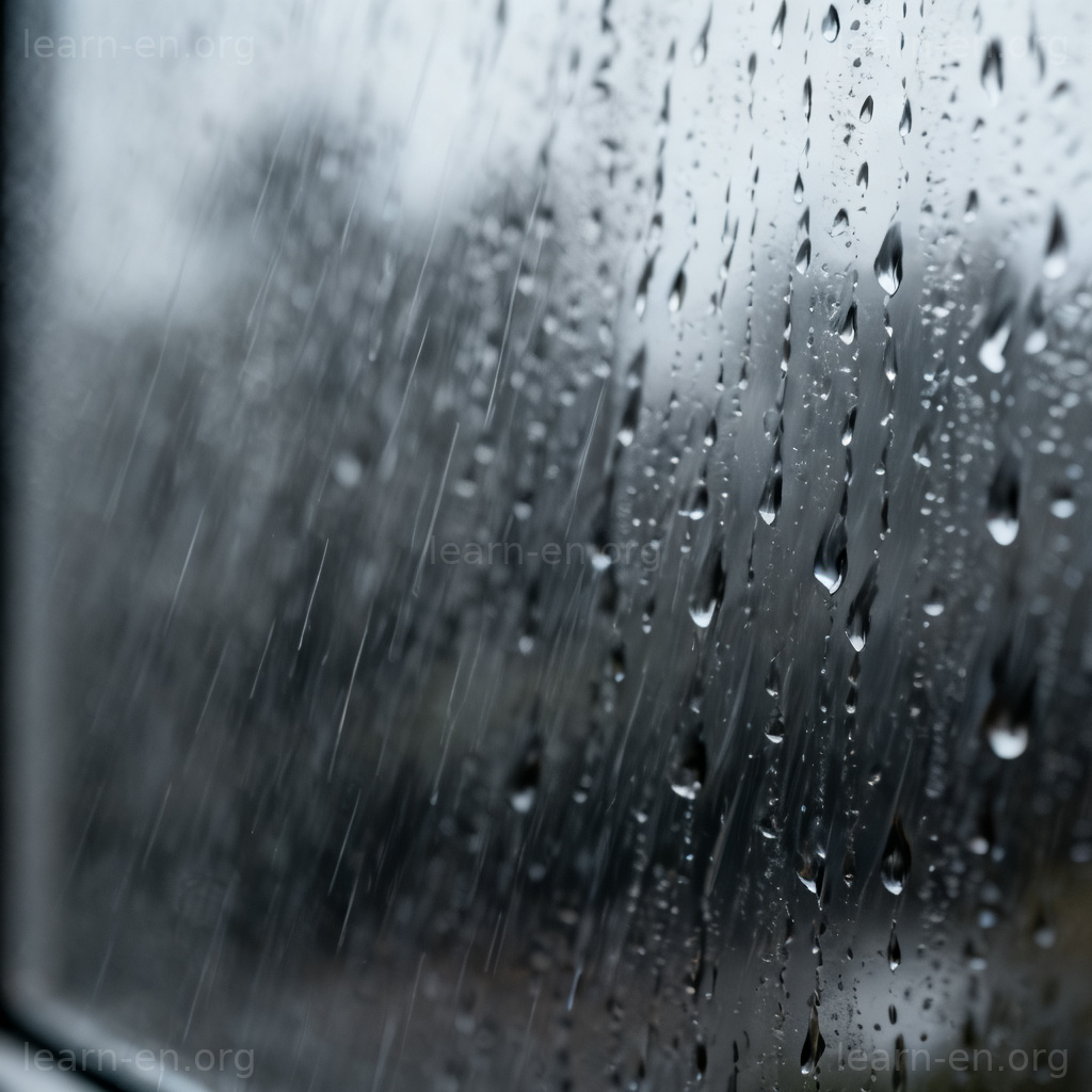 Teem meaning of heavy rain shown by raindrops pouring down a window.