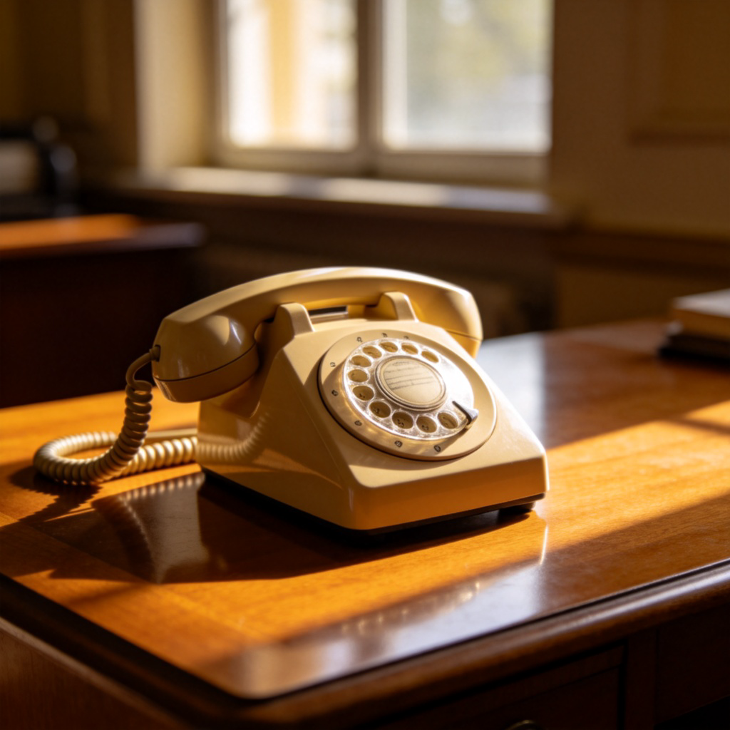 A close-up of a classic beige rotary dial telephone sitting on a polished wooden desk. Sunlight streams through a window, highlighting its shape. The focus is sharp on the phone, with a soft, blurred background. No text or numbers visible on the dial.