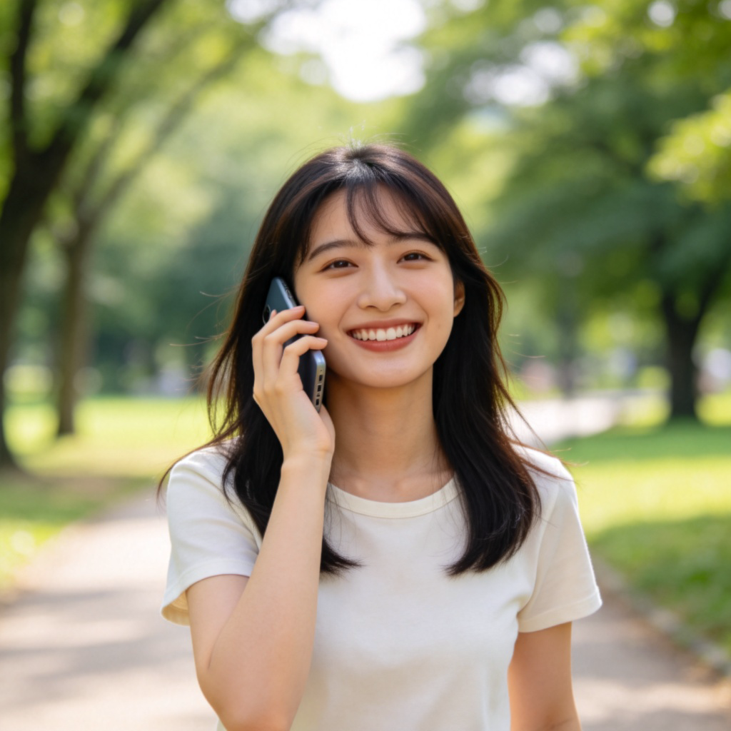 A young woman smiling and talking happily on a smartphone. She is walking in a park, and the background of trees and path is pleasantly blurred. The phone is held to her ear, clearly showing she is in a call. Natural daylight, realistic style.