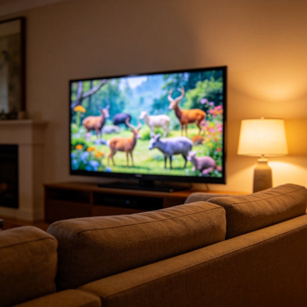 A cozy living room with a large flat-screen television mounted on the wall. The screen is displaying a colorful nature documentary with animals. A comfortable sofa is in the foreground, with soft light from a lamp. No text on screen or in the room.