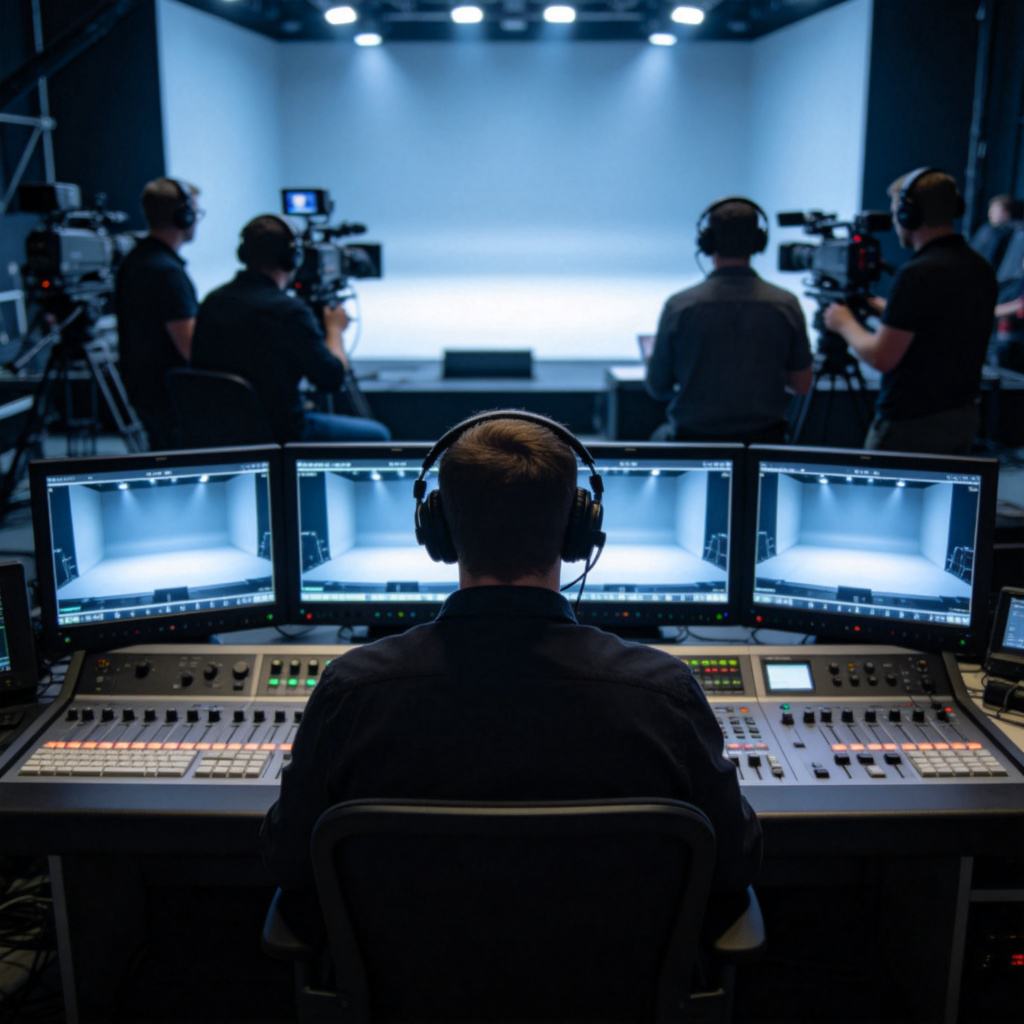 A behind-the-scenes view of a television studio. A director is sitting in front of a control panel with multiple monitor screens showing different camera angles. People with headsets are working busily in the background. The atmosphere is professional and focused.